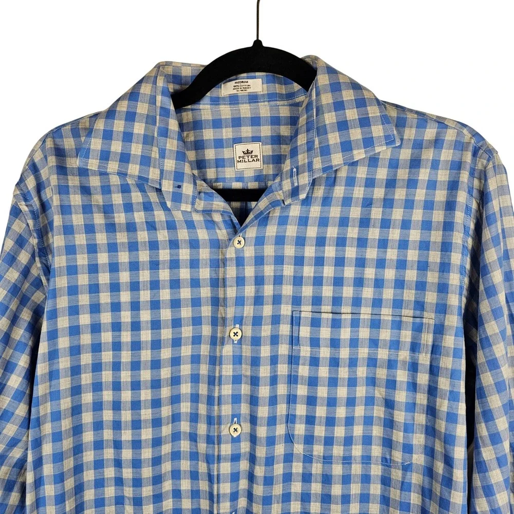 Peter Millar‎ Men's Medium Blue Tan Gingham Cotton Long Sleeve Button Down Shirt